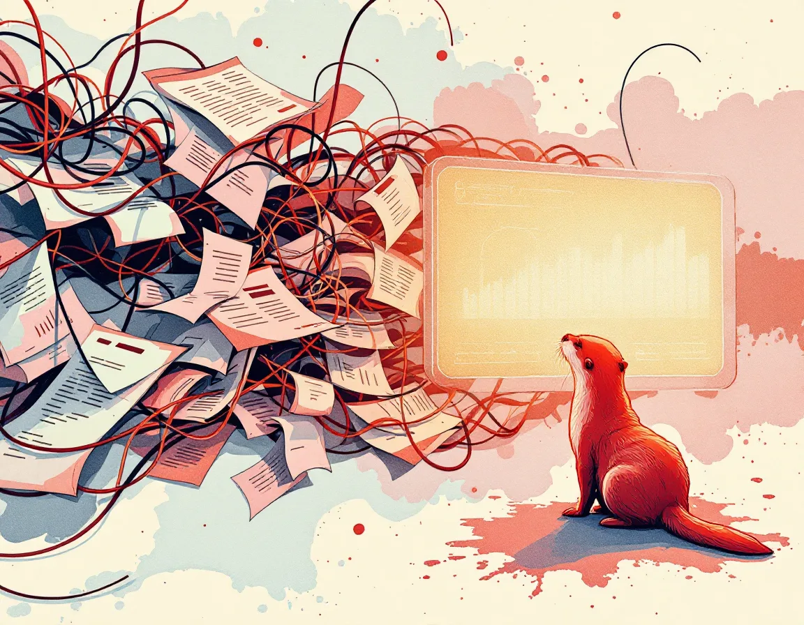 Illustration of tangled data sources resolving into one calm dashboard